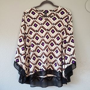Diamond print bell sleeve sheer boarder blouse